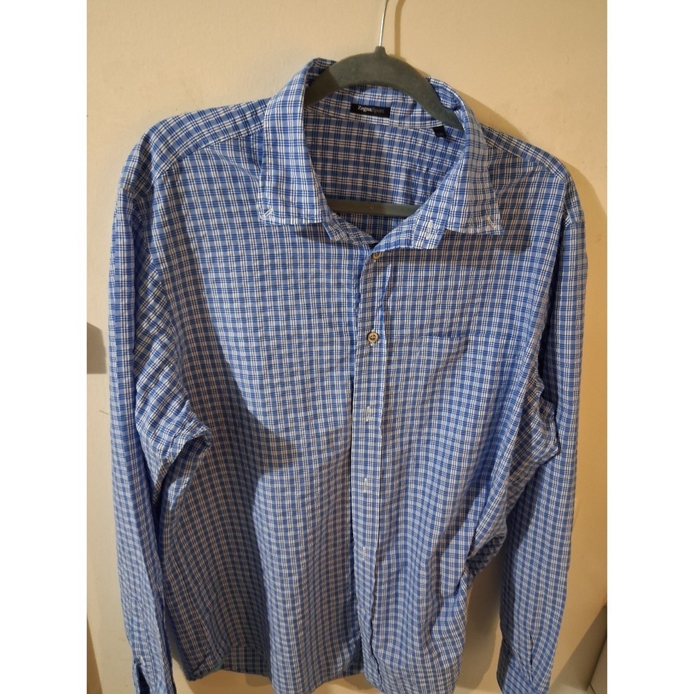 Zegna Sport Mens Blue White Plaid Long Sleeve Button Down Shirt Size Large - Picture 5 of 7